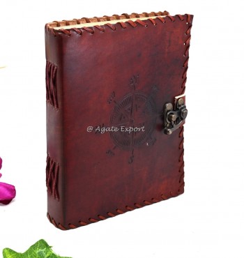 Leather Journal with Embossed Compass Design and Rustic Stitching