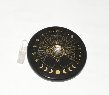 Celestial Sun Clock with Tree of Life and Moon Phases Etching and Crystal Quartz Point